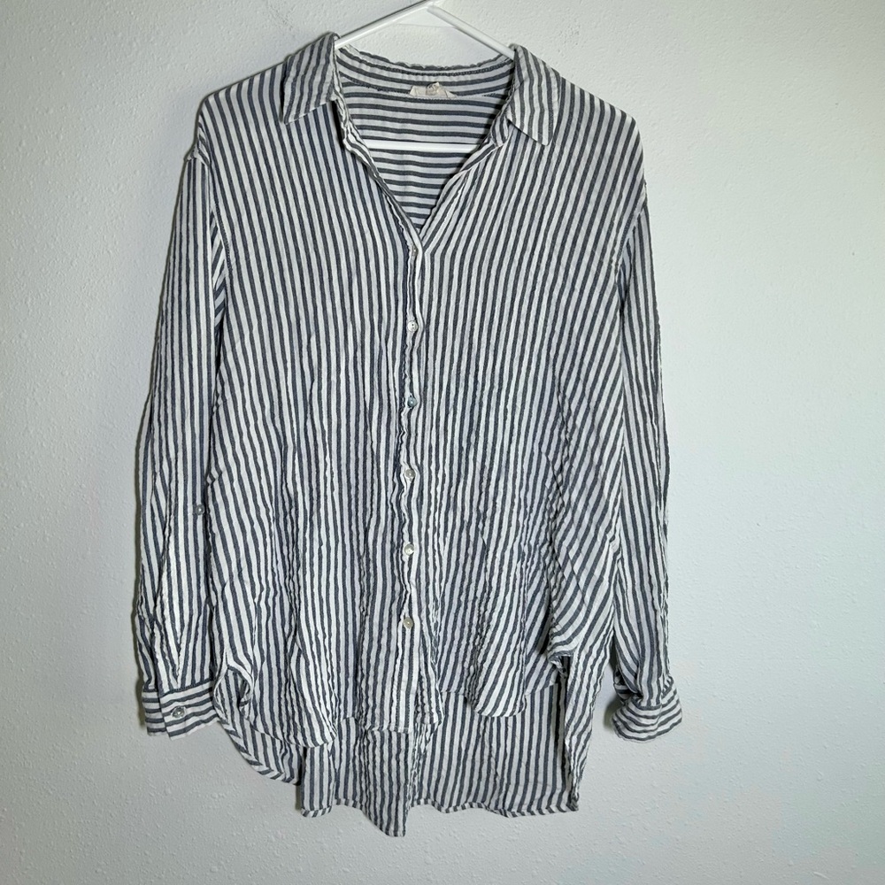 Jane and Delancey Blue Stripe Button Down Top Women's L High Low Tunic Coastal